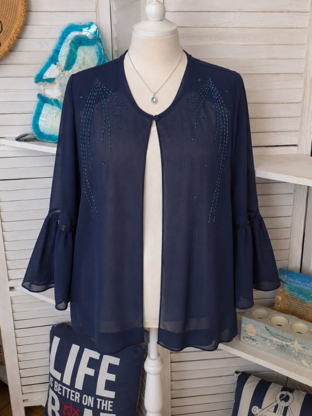 Patra Size 16 Navy Sheer Chiffon Beaded Evening Jacket Bell Sleeve | Formal